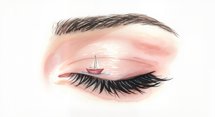 Sailboat floating on eyelid illustration for surreal design projects, creative blogs, dream art collections, and emotional storytelling visuals

