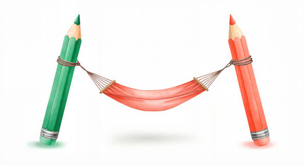 Hammock between colored pencils illustration for creativity balance designs, back to school graphics, art therapy blogs and relaxing educational content

