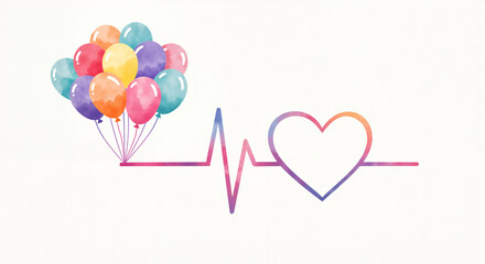 Heartbeat line with balloons and heart symbol for wellness blogs, health awareness, romantic cards, hospital posters, or emotional design in digital and print

