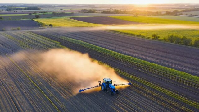A hyperlapse aerial sequence blue tractor spraying different fields changing times day sunrise sunset. Crops subtly grow change pass. Seamless transitions show multiple weather light moods