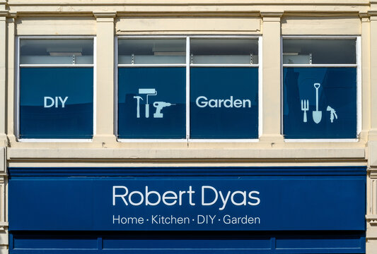 Bromley, Kent / UK - Jun 26 2020:  Robert Dyas store in Bromley High Street.  Shows the Robert Dyas name above the shop with home, kitchen, diy, garden. The Borough of Bromley is in Greater London.