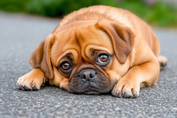Obraz premium Adorable brown puppy with expressive eyes lying on a gray surface outdoors