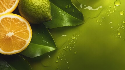 Limes and lemons are arranged artfully with green leaves, while water droplets add a fresh feel. The vibrant colors create an inviting and revitalizing visual experience