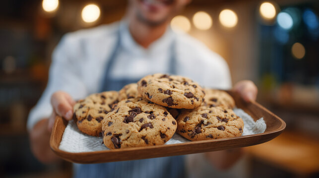Smiling person holding a wooden tray stacked with homemade chocolate chip cookies, warm ambient lighting highlighting the soft texture and gooey chocolate, inviting family gatherin