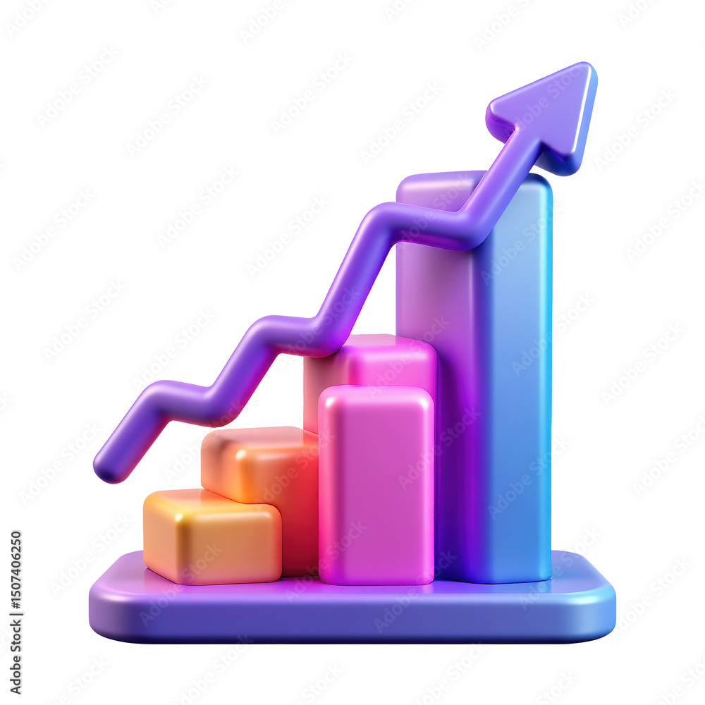 Poster bar graph icon with an upward arrow in vibrant neon holographic style. isolated plastic 3d icon.