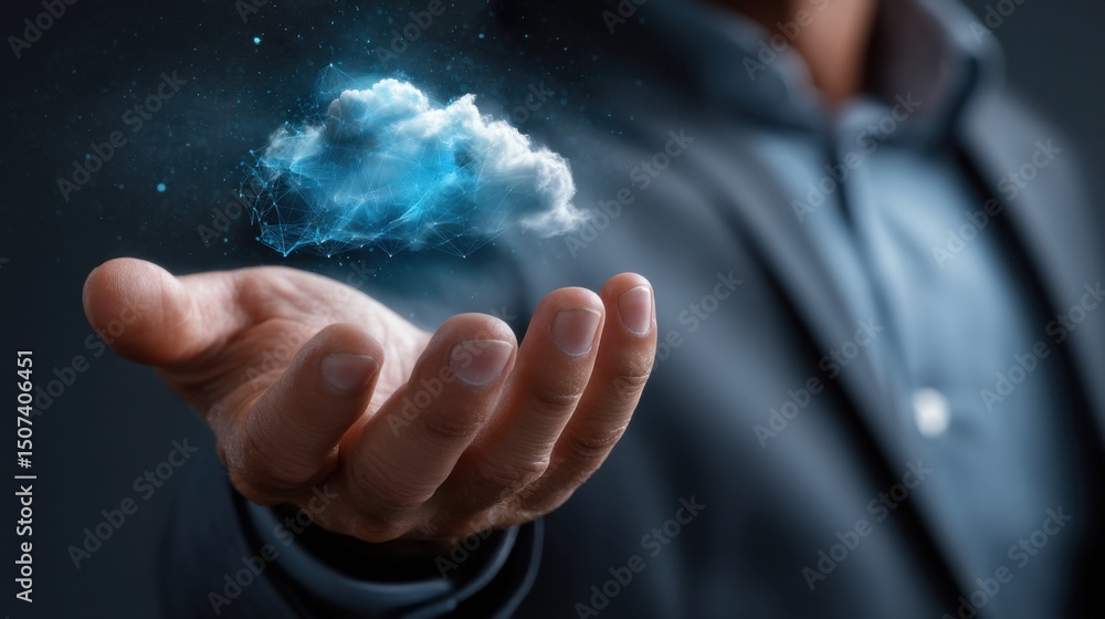 Poster cloud computing: a hand holds a cloud, showcasing data storage and connectivity in a modern technolo