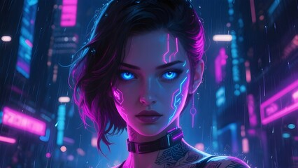 Cyberpunk Girl Neon City Portrait, Digital Art