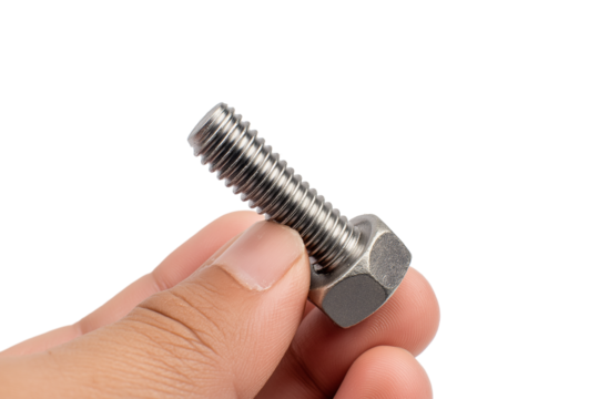 hand holding metal bolt with hexagon head isolated on white background - Powered by Adobe