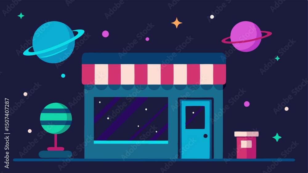 Poster extraterrestrial storefront a quirky storefront in space featuring large windows showcasing products