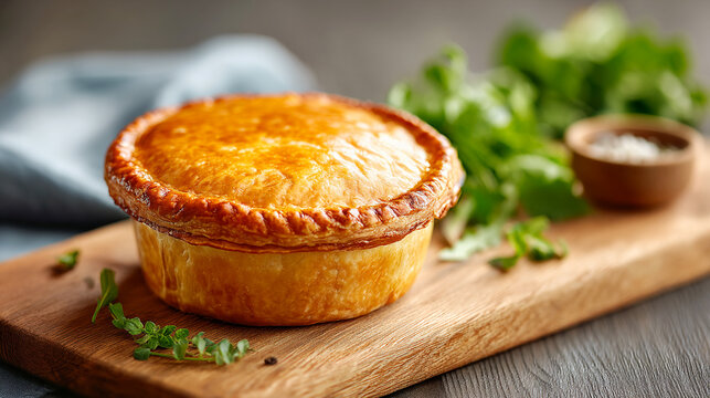 Traditional British savory pastry pork pie with meat enveloped in crust. Delicious comfort food
