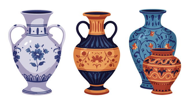Colored ceramic vases set. Porcelain vase for flowers, antique pottery, floral and abstract patterns. Vase pottery for decoration. Trendy flat style isolated on white. Vector illustration