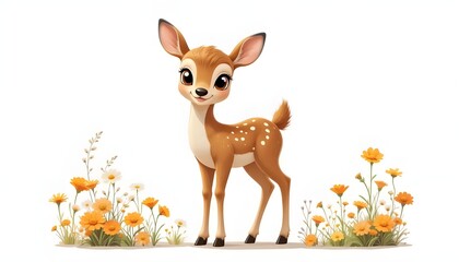 Cartoon Deer Surrounded By Flowers On Clean White Background