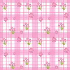 Seamless pink plaid background with cute hand-drawn flowers. Soft pastel colors, playful spring floral pattern, perfect for fabric, wrapping, or digital design.
