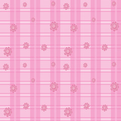 Seamless pink plaid background with cute hand-drawn flowers. Soft pastel colors, playful spring floral pattern, perfect for fabric, wrapping, or digital design.
