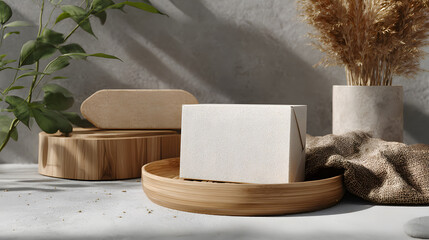 Minimalist mockup scene with a blank soap bar or product box on a wooden dish, surrounded by natural plants and shadows for branding