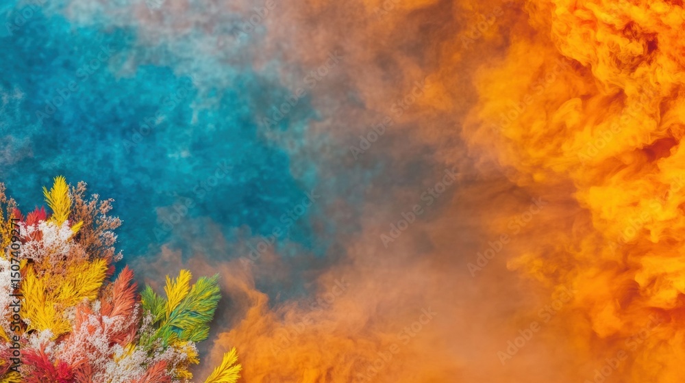 Poster swirling clouds of ink in a spectrum of colors merge and explode underwater, creating a stunning vis