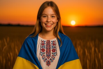 girl smiling and wearing Ukrainian flag with traditional embroidered shirt (vyshyvanka)