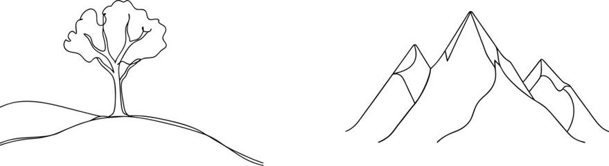 Minimalist line drawing of a tree on a hill and dramatic mountain peaks in white