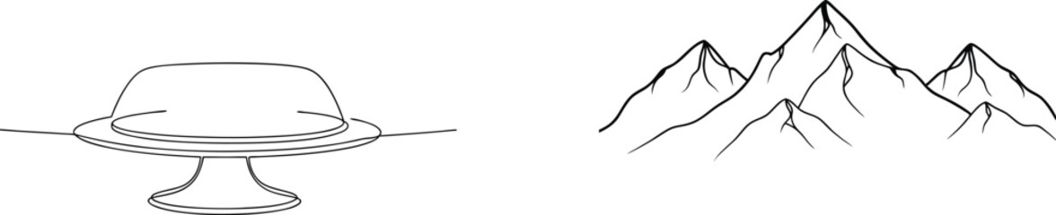 Simple line drawing of a flying saucer above a mountain range in black and white © kajallata