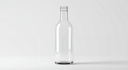 Fototapeta premium Clear empty glass bottle on white background for product mockups, minimalist packaging design, sustainability visuals, branding projects, and eco-conscious marketing