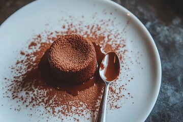 Fototapeta premium Chocolate lava cake with spoon on a plate, perfect for dessert menus and culinary blogs. use cases: food photography, recipe sharing.