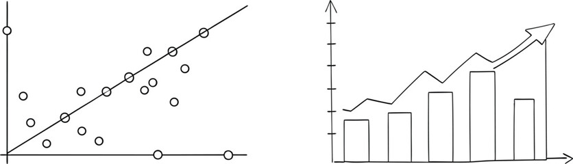 Hand-drawn graphs illustrating data analysis statistical correlation and business growth