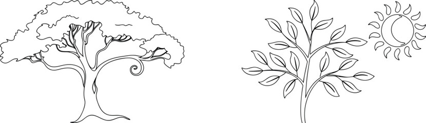 Simple outline drawings of trees and sun representing nature and the natural world