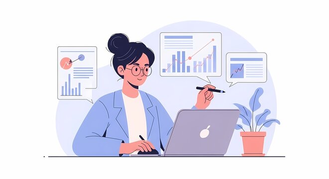 Analyzing Data Woman Working on Laptop with Financial Charts