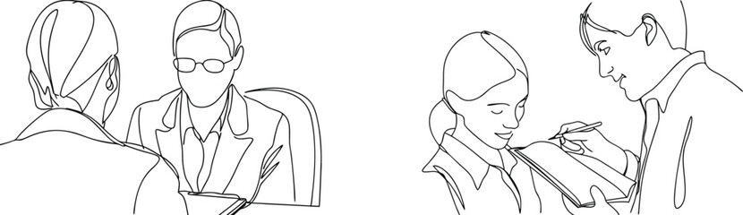 Continuous line drawing illustrating office meetings and collaborative business discussions