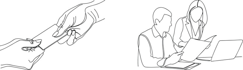 Business transaction illustration showing a credit card transfer and team collaboration discussion