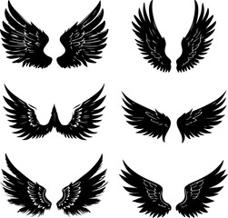 Six stylized black angel wings, perfect for graphic design.