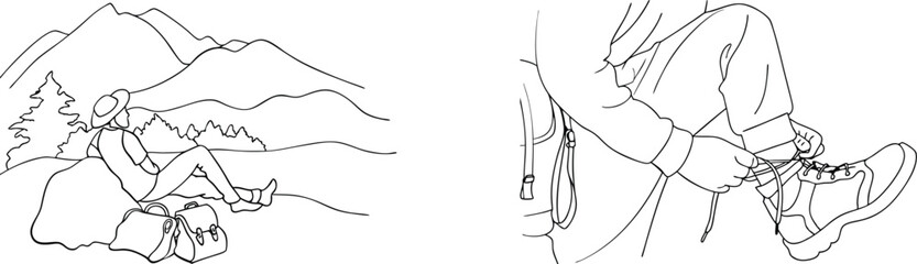 Hiking adventure illustrations of a hiker resting and tying a bootlace with mountain backdrop