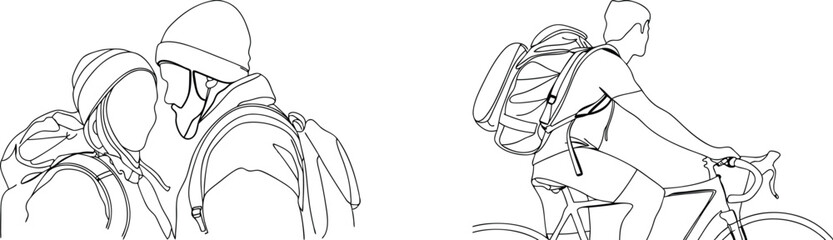 Line art illustrations of a couple embracing and a cyclist with backpack representing adventure
