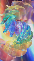 3D illustration. Multiple personality masks are revealed against the background of enlightenment