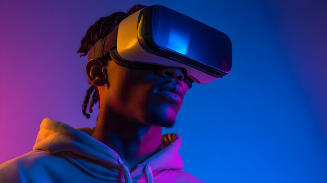 Immersive Experience Young man exploring virtual reality with VR headset, glowing in neon lights