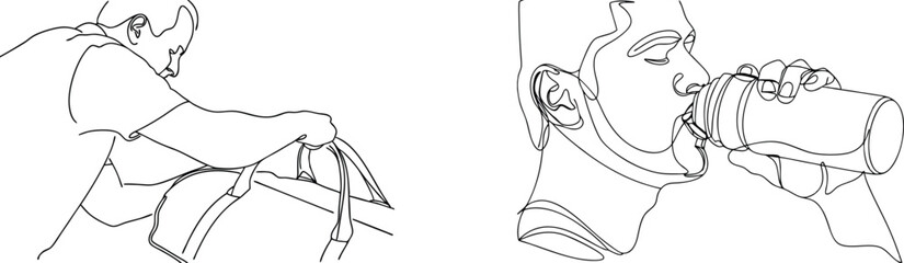 Minimalist line drawing depicting fitness activities including bag handling and hydration