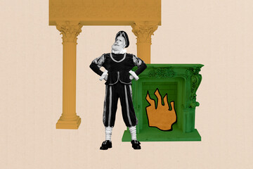 Creative design trend artwork collage of theater dramaturgy play aged man stand column fireplace...