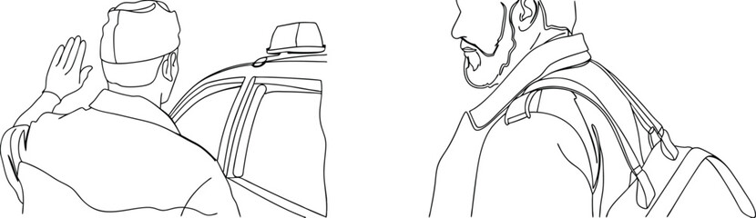 Line art illustration of a man calling for assistance and another person with a backpack.