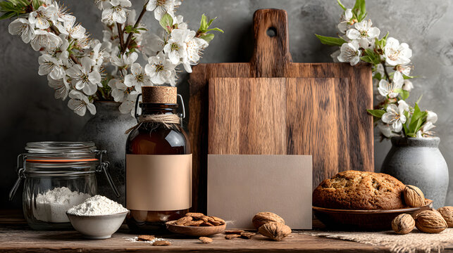 Culinary Scene with Fresh Ingredients and Baking Essentials on a Rustic Wooden Surface