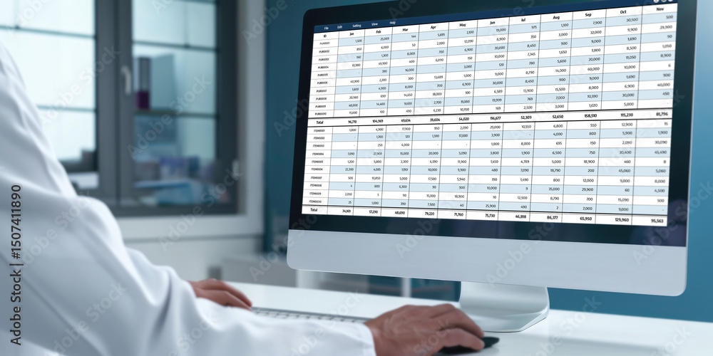 Poster accounting software on computer screen showing financial statement spreadsheets and account balance 