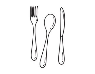 spoon, fork and knife icon doodle hand drawn. Outline drawing spoon, fork and knife line clipart symbol