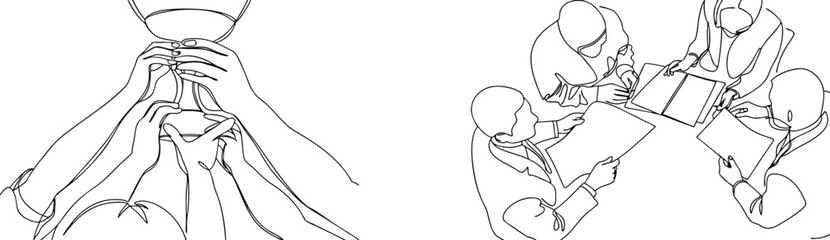 Hand drawn line art depicting teamwork celebrating a victory and professional meeting