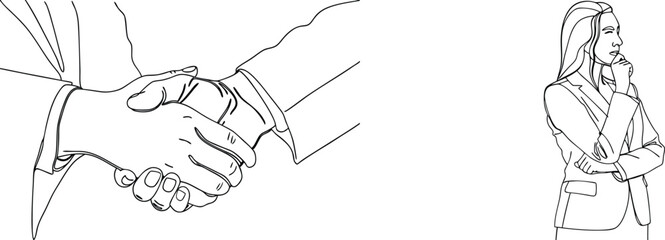Handshake and businesswoman in a contemplative pose in simple line art