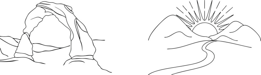 Minimalist line art depicting landscape featuring an arch and a sunrise over mountains