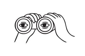 Hands hold binoculars and look through. outline web surfing or search engine concept, research. Doodle vector crayon charcoal ink element