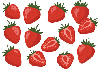 Fresh sweet strawberries. Halved and whole Red berries. Hand drawn summer strawberry trendy flat style isolated for design. Vector illustration