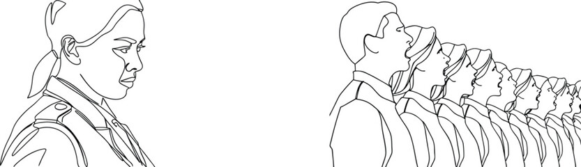 Continous line drawing of a single soldier and a group of soldiers in formation