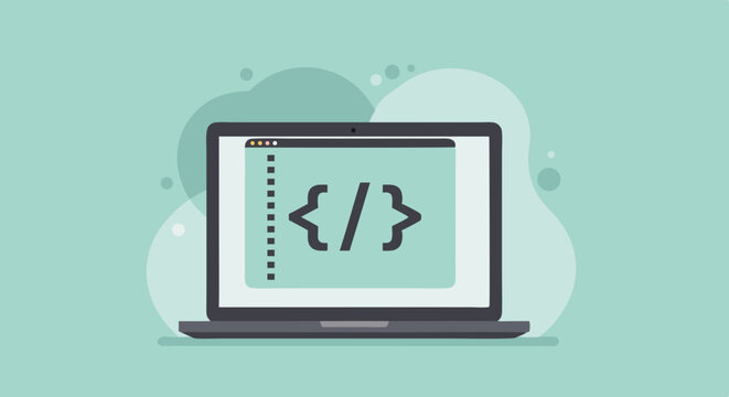 Minimalistic illustration of a laptop displaying coding brackets on a light teal background representing programming
