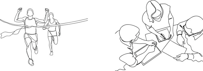 Continuous line drawings illustrating runners crossing finish line and team collaboration