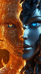 Fantasy woman with fire and ice duality split face, wearing ornate crown armor.